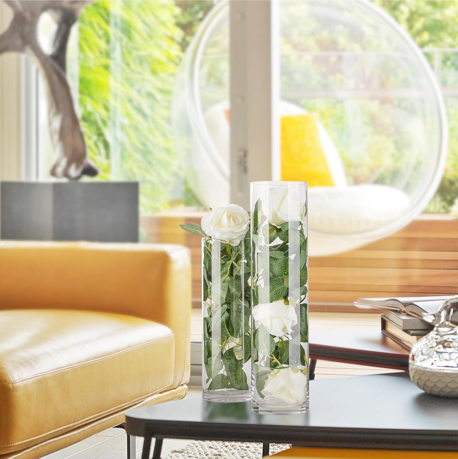 WGVI Quality Thick Weighted Clear Cylinder Glass Vases, 4" W x 8" H, Flower Arrangement Floating Candle Holders Wedding Centerpieces Terrarium Planter Floral Storage Container, Bulk Wholesale, 12 Pcs