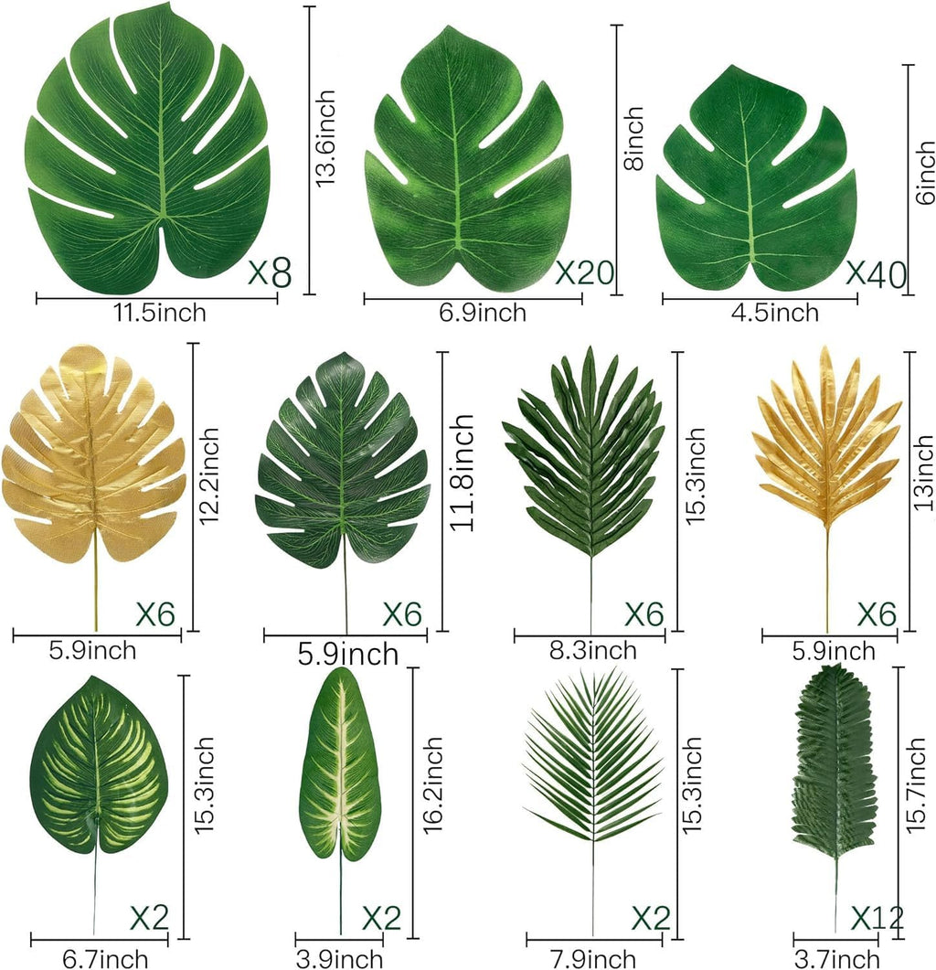 Sggvecsy 110 Pieces 11 Kinds Artificial Tropical Palm Leaves Tropical Leaves Monstera Leaves Safari Jungle Leaf with Stems for Hawaiian Luau Party Table Wedding Shower Birthday Theme Decorations