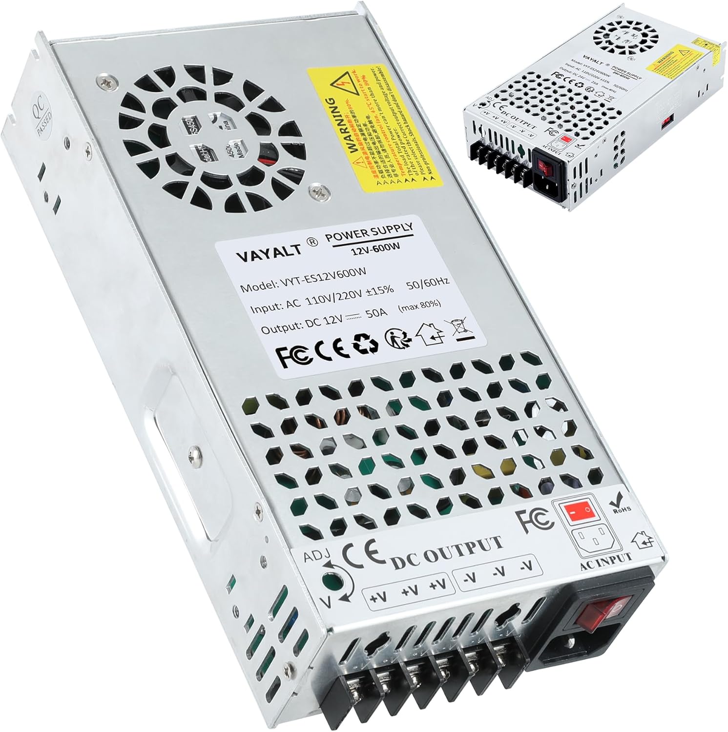 VAYALT New DC 12V 50A 600W Switching Power Supply, SMPS Power Supply, Universal Regulated Switching 110v to 12v Converter, for Industrial, CCTV, Computer Project, LED Strip Light (No Power Cord)