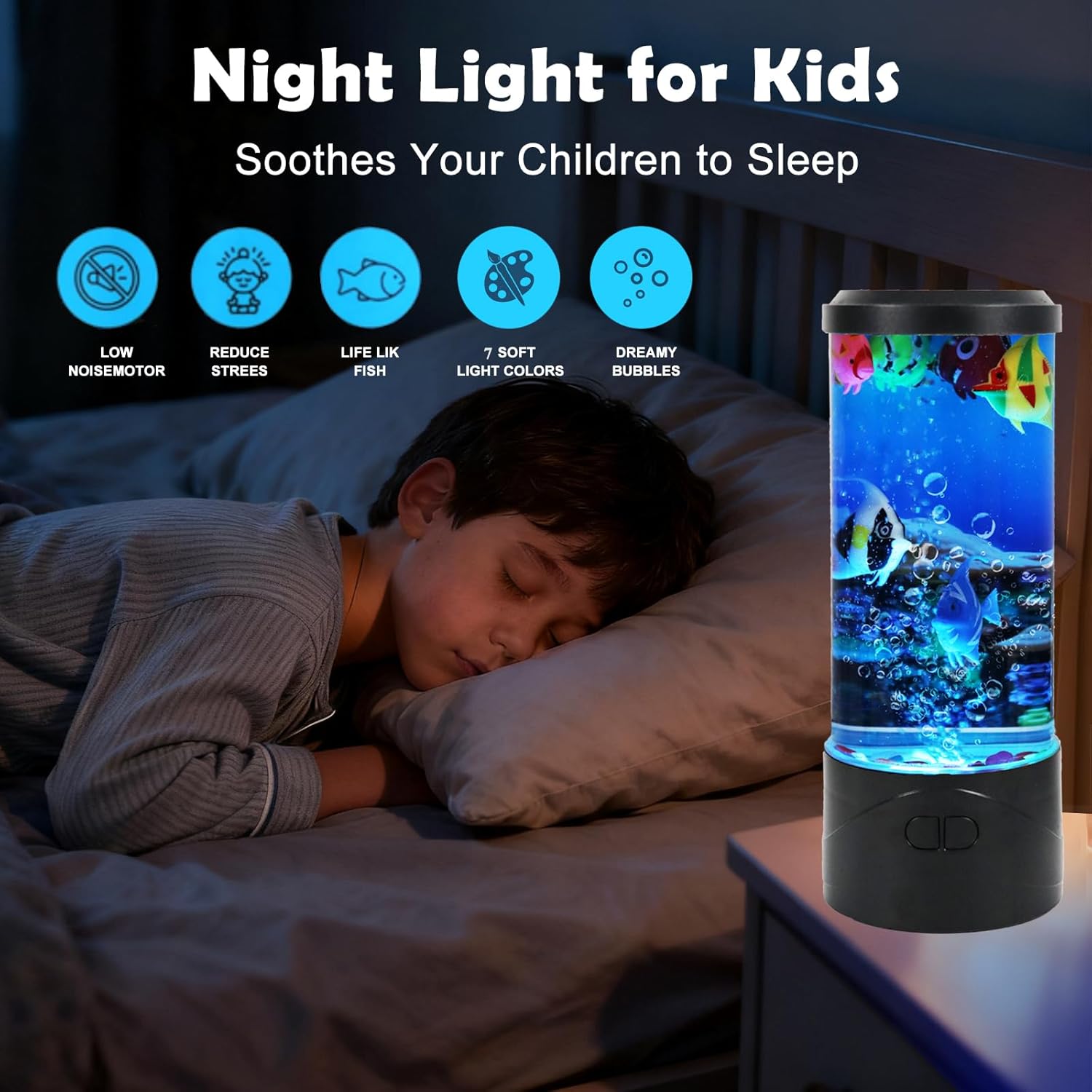Toycol Bubble Aquarium Lamp | Fish Lamp Kit with 6 Fake Swimming Fish | Sensory Night Light with Energy-Safe USB Powered | 7 Color Changing Mood Light for Kids Bedroom, Desk, Office Decor and Gifts