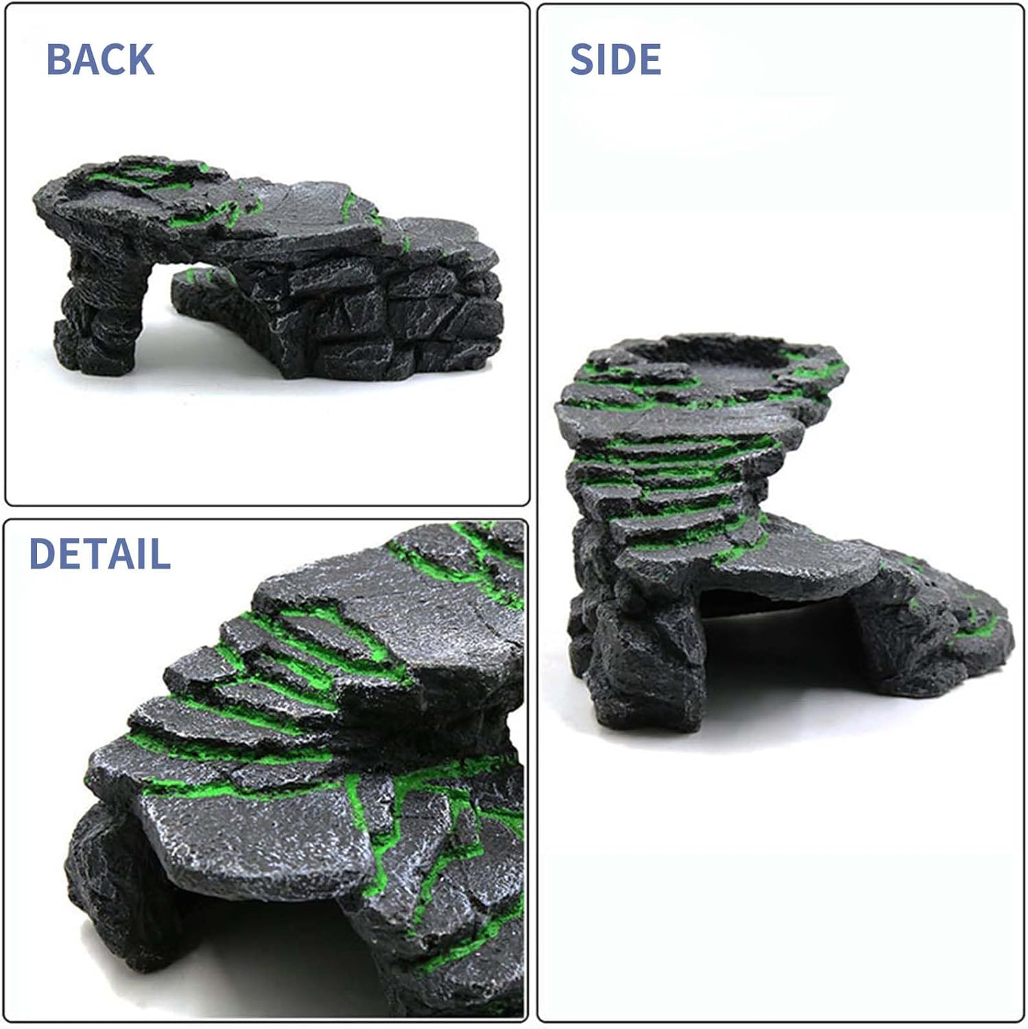 Turtle Basking Platform Kit, Reptile Habitat Hideout, Decorative Resin for Aquarium & Terrarium, Including Artificial Plant and Cleaning Brush. (B-Medium-Black)