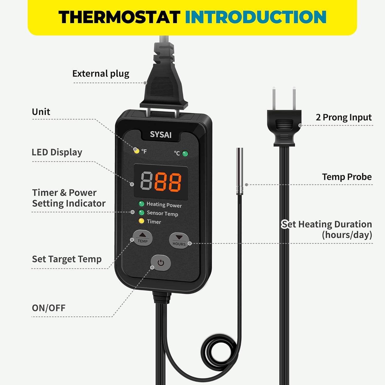 SYSAI Temperature Controller for Reptile Tank, Heat Mat, Seed Germination, Greenhouse, Brooder, Home Brewing, 100W-1A, Digital Thermostat, °F/°C Display, 60-94°F