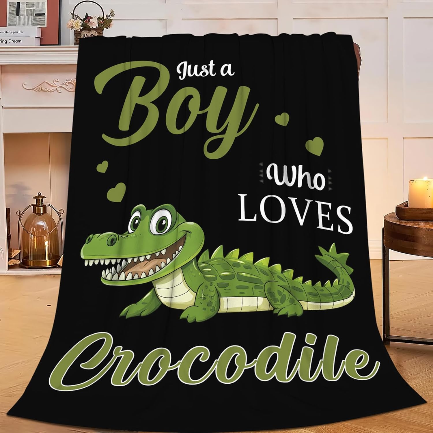 Just A Boy Who Loves Crocodile Throw Blanket Alligator Print Throw Blankets Gifts for Couch Sofa Bed Stuff Decor Soft Cozy Fleece Plush Warm Flannel Bedding for Lover 60"x80"