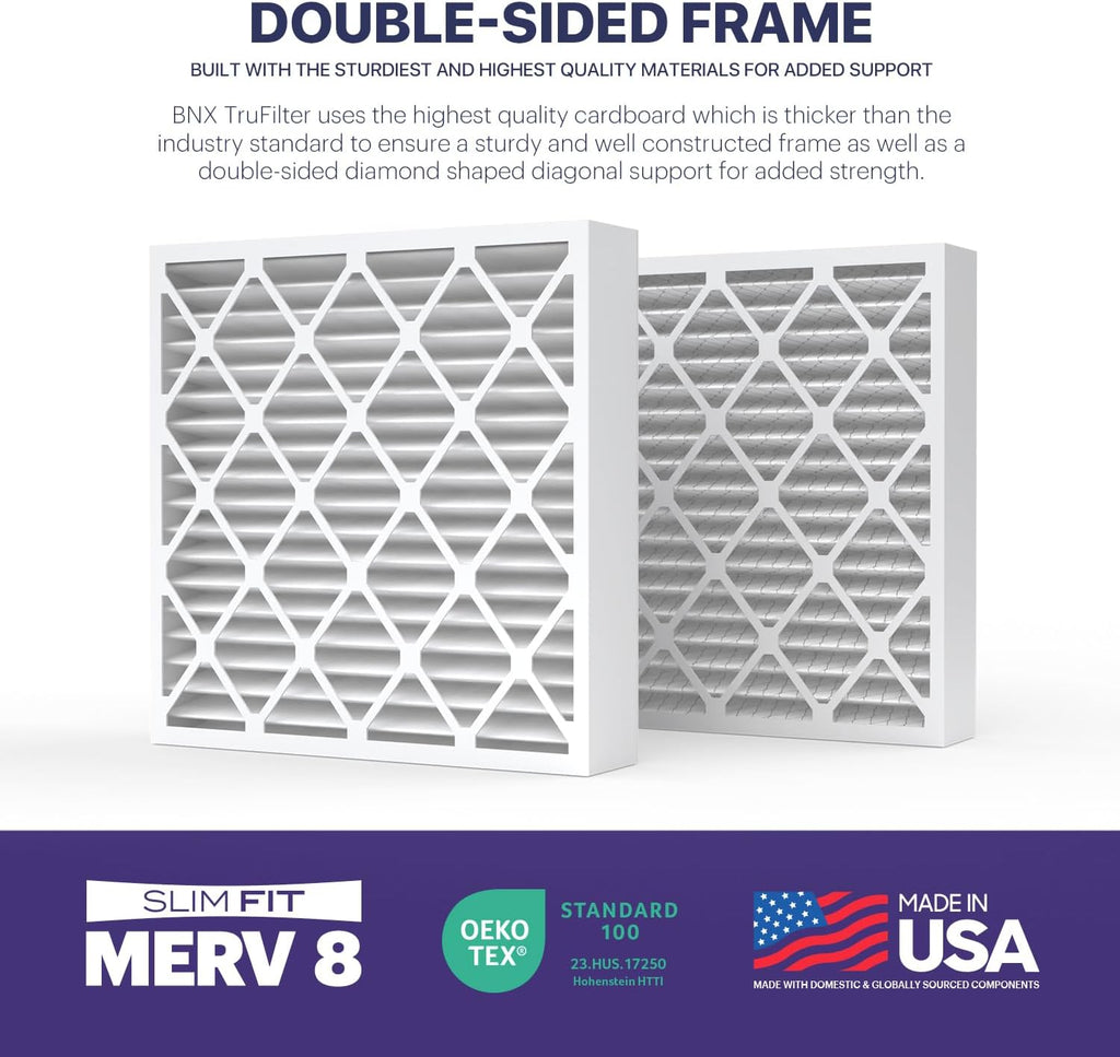 BNX TruFilter 20x20x4 (19.5’’ x 19.5’’ x 3.63‘’ Slim Fit) MERV 8 Air Filter 2-Pack - MADE IN USA - Air Conditioner Furnace Filters HVAC AC Furnace Filters for Dust, Pet, Mold, Pollen MPR 600-700 FPR 5