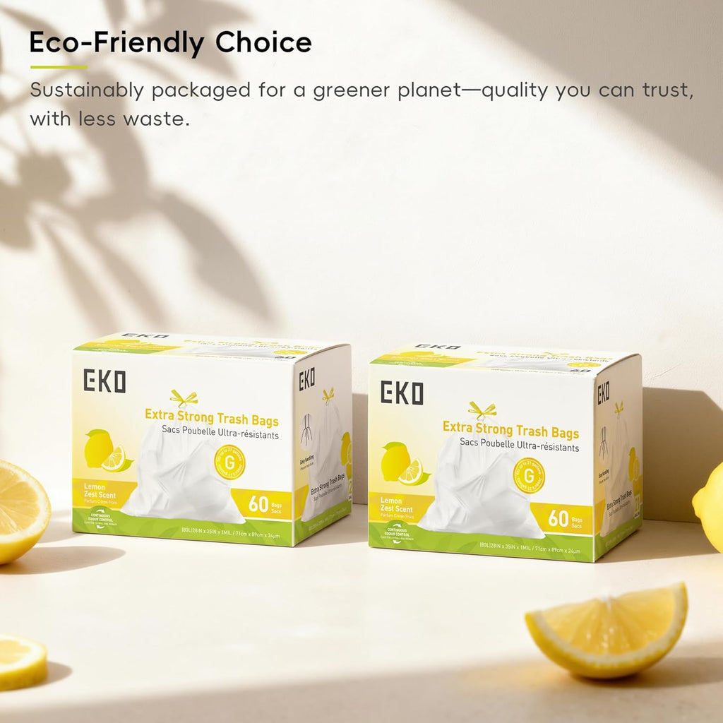 EKO 21 Gallon / 50-90 Liter, 60 Count Drawstring Trash Bags, Extra-Strong Garbage Bags, Lemon Zest Scent with Continuous Odor Control, Easy-Dispense Roll for Kitchen and Household Use, Code G, White