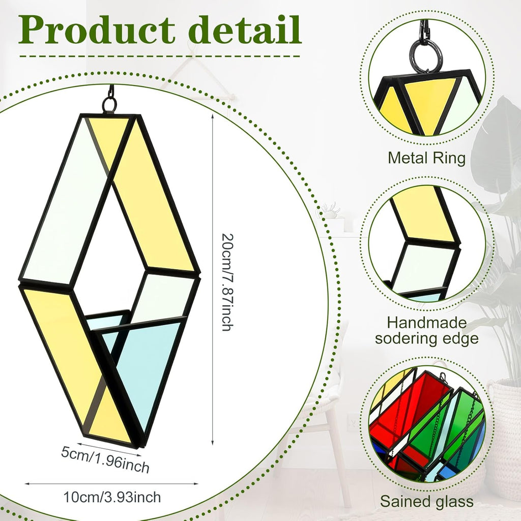 Hushee 4 Pcs Stained Glass Hanging Plant Terrariums Hanging Glass Planter Air Plant Holders with Chain for Window Christmas Home Decor Gifts for Mom Women, 7.87 x 3.94 x 1.97 Inch(Bright Color)