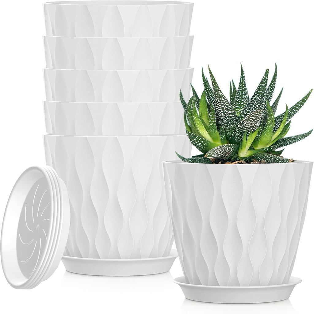 5 Inch Planter Pots, 6 Pack Indoor Planters, Small Flower Pots with Drainage Holes and Tray for Succulents, Orchids, Herbs and Other Indoor Plants (White, 5inch)