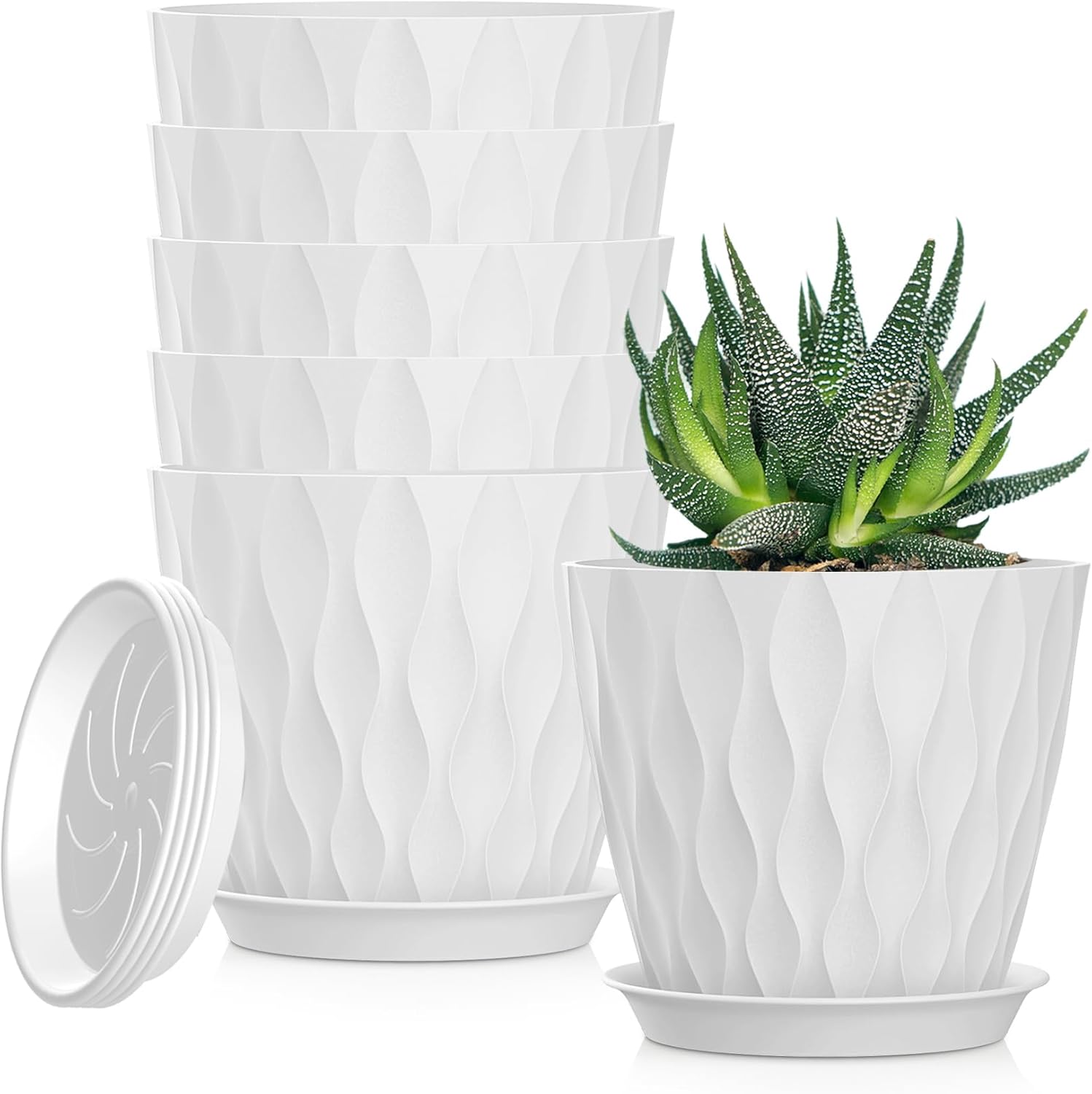 5 Inch Planter Pots, 6 Pack Indoor Planters, Small Flower Pots with Drainage Holes and Tray for Succulents, Orchids, Herbs and Other Indoor Plants (White, 5inch)