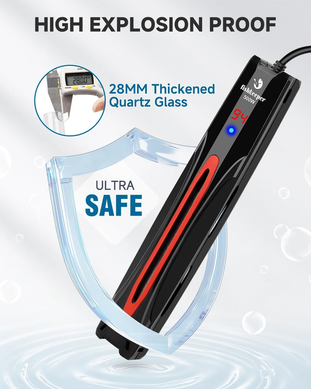 fishkeeper 500W Adjustable Submersible Aquarium Heater - PID Electronic Smart Thermostat Fish Tank Heater with Out-of-Water/Run-Dry/Overheat/Low-Temp Safety Protection for 65-120 Gallon Fish Tanks