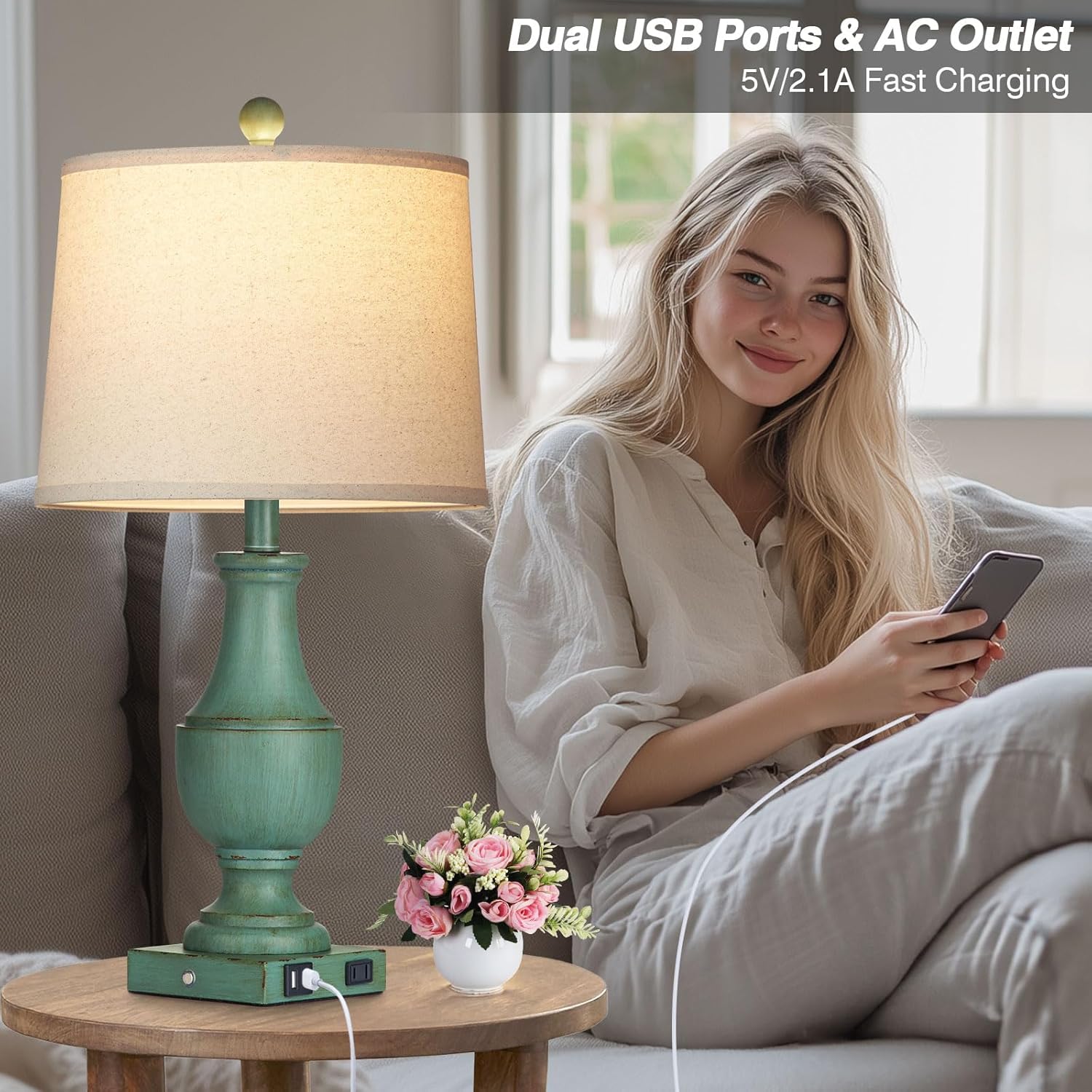 Farmhouse Table Lamp Set of 2, Rustic Touch Control 3-Way Dimmable Lamps with USB A+C Charging Ports & AC Outlet, Vintage Retro Antique Bedside Lamp for Living Room Bedrooms Nightstand Green