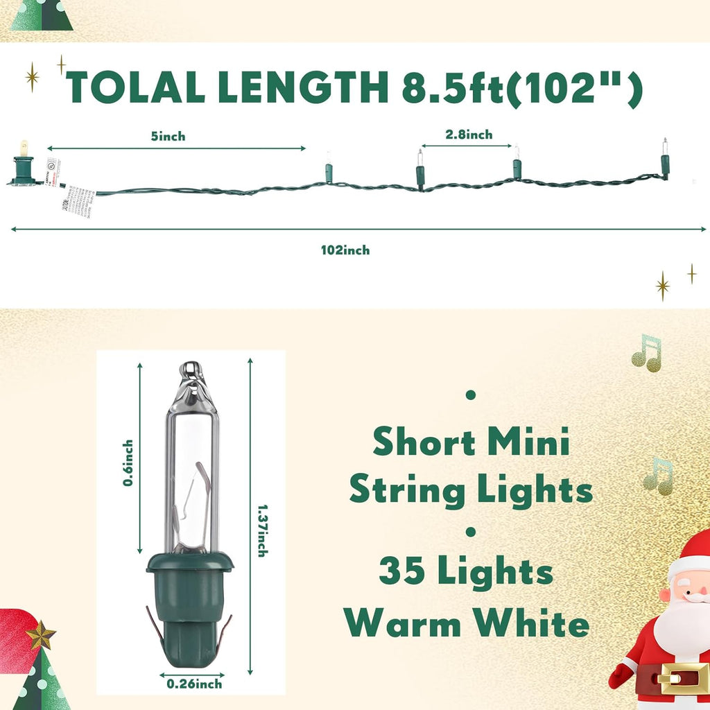 Mini Christmas Lights String Warm White Vintage Short Strand String Lights, Clear Bulbs Wire Fit Light up Christmas Decorations(35 Bulbs No Connectable,8.5ft,Green)