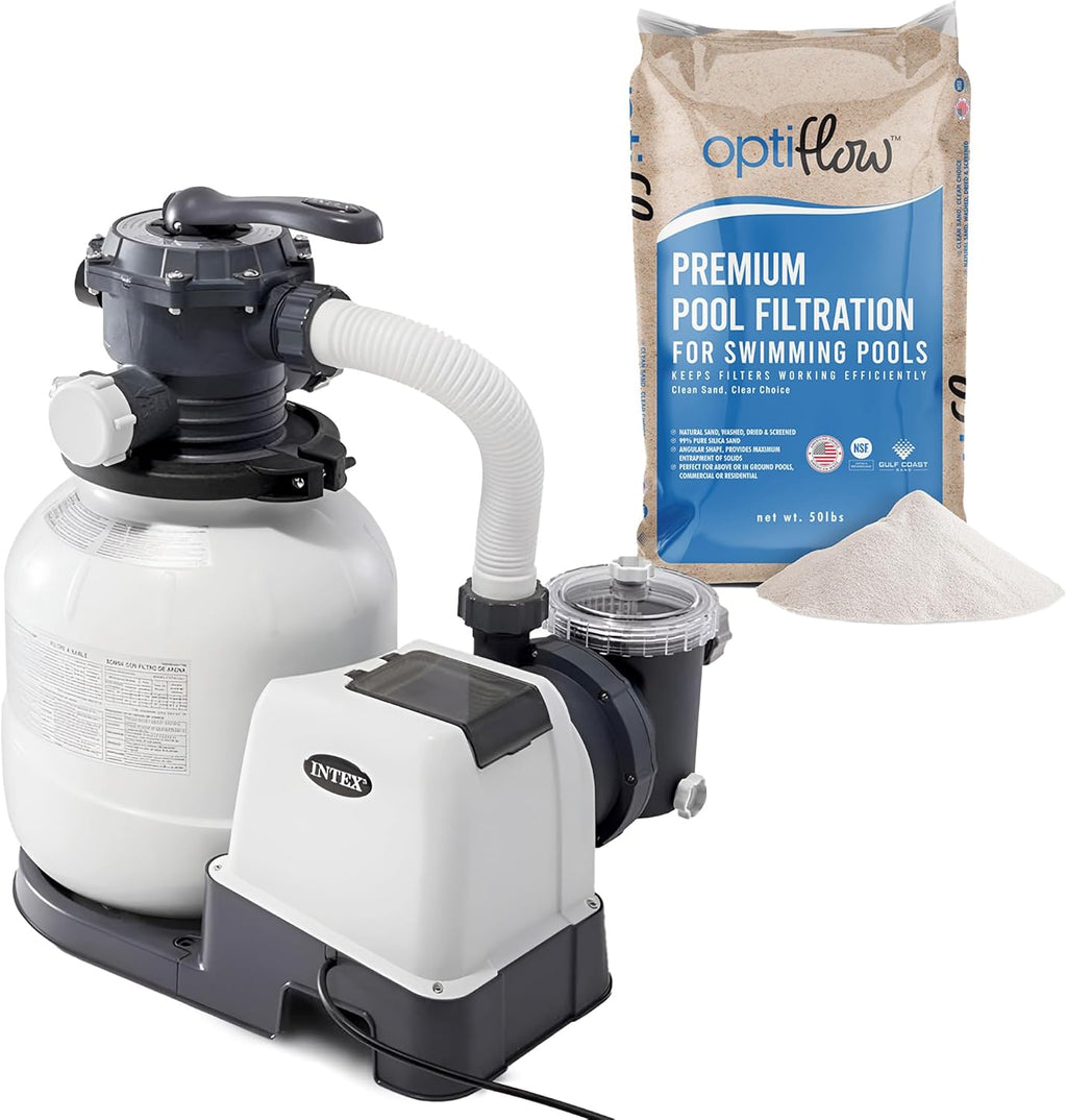 Intex 26645EG Krystal Clear 2100 GPH Sand Filter Pump for Above Ground Pools Bundled with OptiFlow Premium Pure Silica Filter Sand, 50 lb Bag
