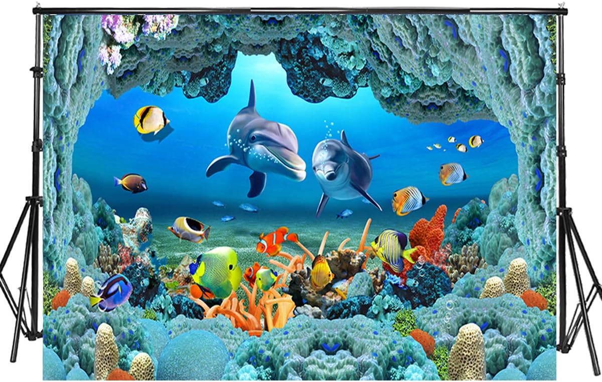 Sensfun 8x6ft 3D Underwater World Photo Backdrop Aquarium Coral Fish Under Sea Cave Dolphin Photography Background for Baby Shower Birthday Cake Table Decor Children Portrait Photo Studio Props(WP124)