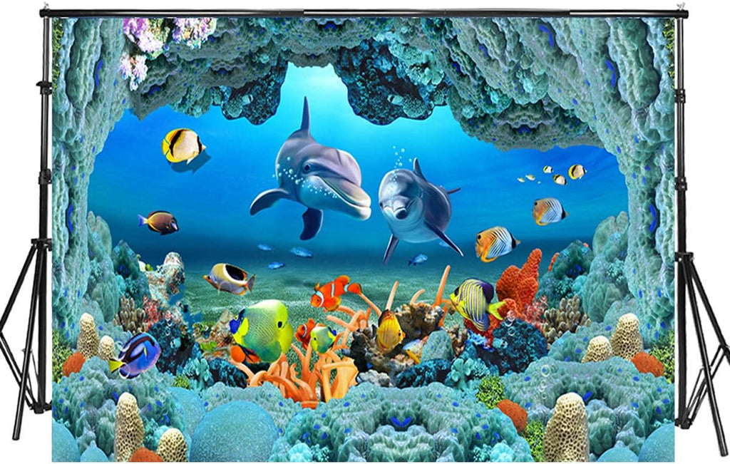 Sensfun 10x6.5ft 3D Underwater World Photo Booth Backdrop Aquarium Coral Fish Under Sea Cave Dolphin Photography Background for Baby Shower Smash Cake Banner Children Holiday Photo Studio Props(WP124)
