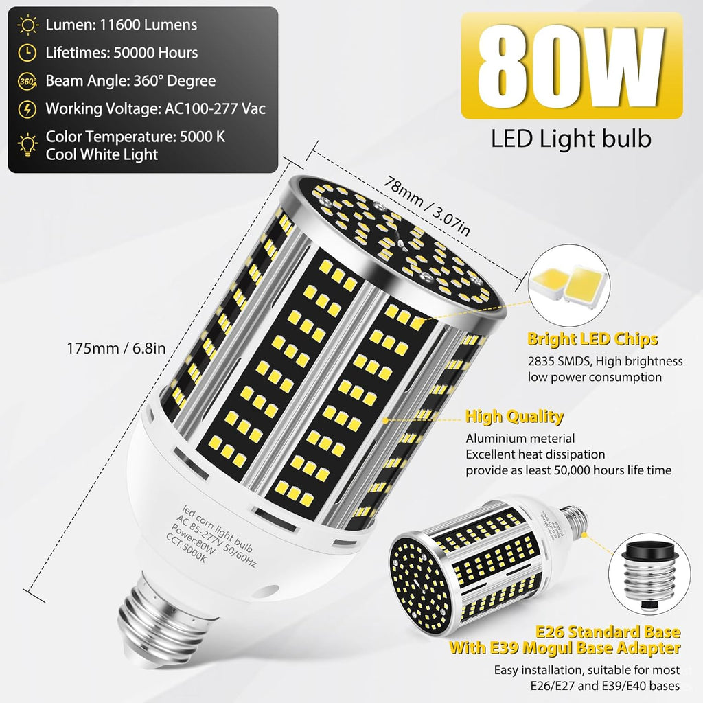 80W LED Corn Light Bulb(800W Equivalent ) 6 pack,Commercial Grade DayLight 5000K E26/E39 10500LM Medium Mogul Base LED Lamp,Large Area Lights For Outdoor Indoor Garage Warehouse Factory Bay Light