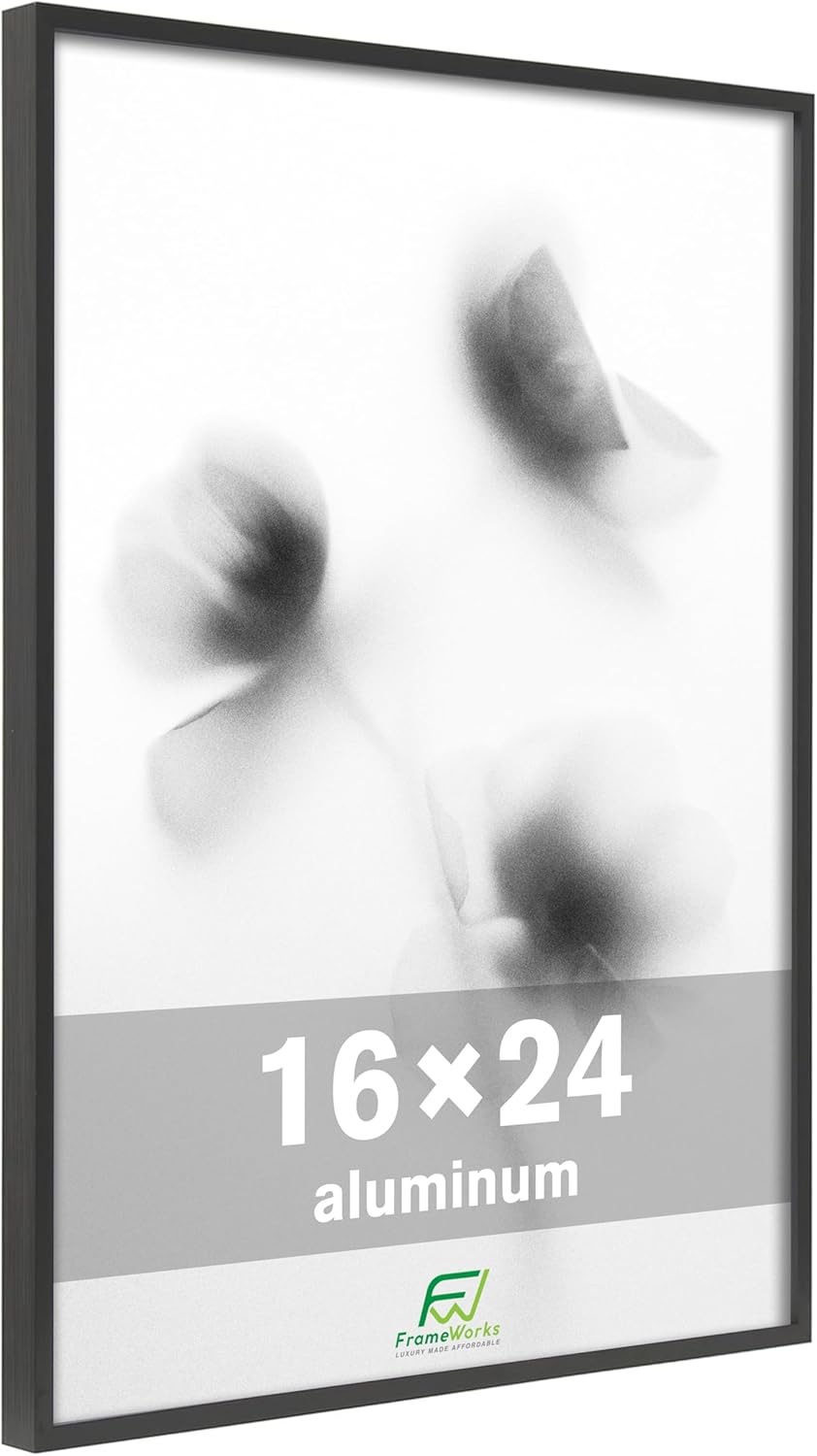 FrameWorks 16x24 Brushed Aluminum Poster Frames – Modern Brushed Metal Design w/Shatterproof Plexiglass, Perfect for Posters, Artwork, Paintings, Wall Displays – Home or Office Decor, Black - 3 Pack