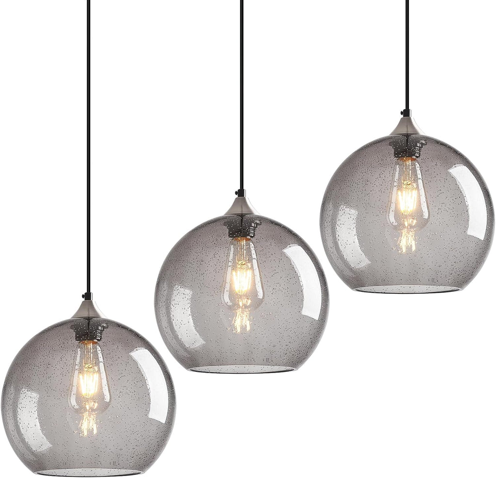 Light Grey Glass Pendant Lights Kitchen Island Globe Pendant Light Fixtures Modern Pendant Lighting for Bedroom Living Dining Room Light Fixture (9.84 in, 3 Pack)