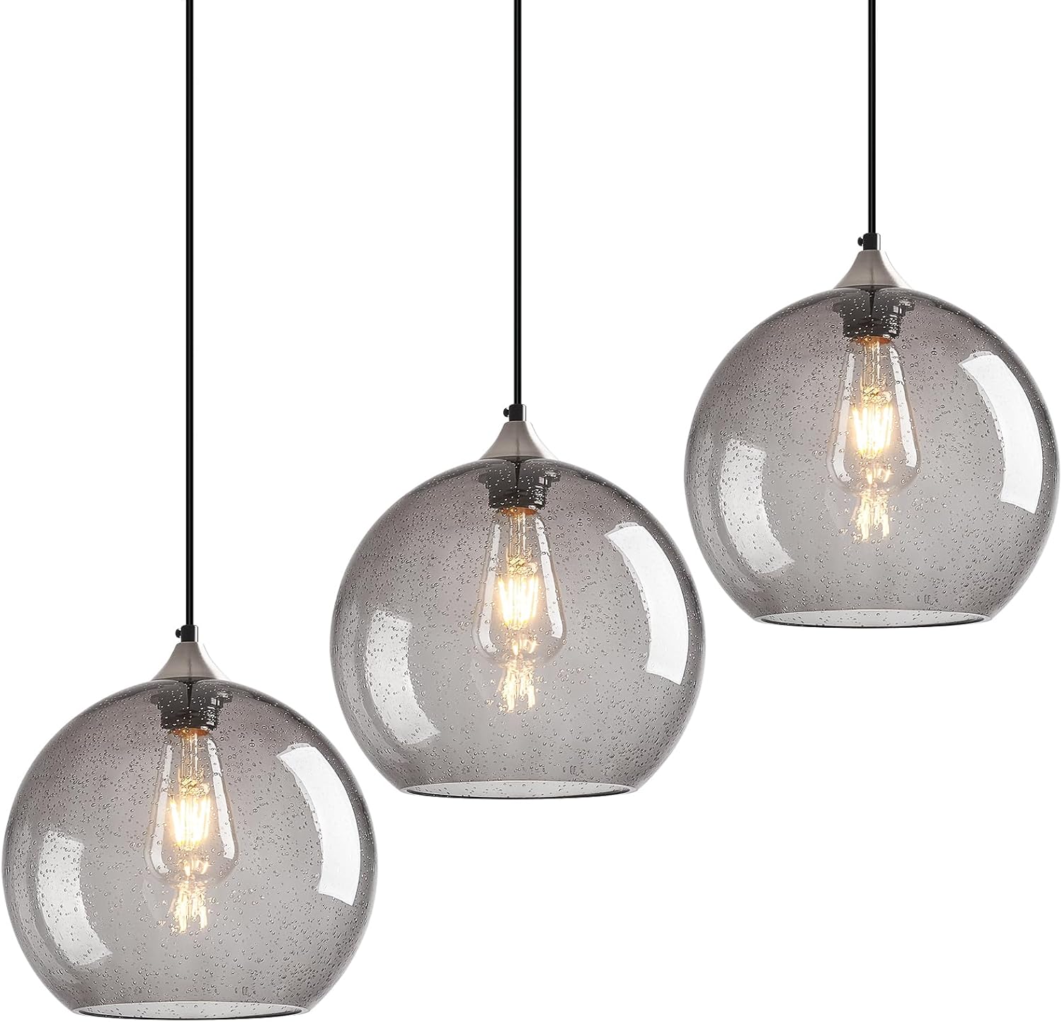 Light Grey Glass Pendant Lights Kitchen Island Globe Pendant Light Fixtures Modern Pendant Lighting for Bedroom Living Dining Room Light Fixture (9.84 in, 3 Pack)