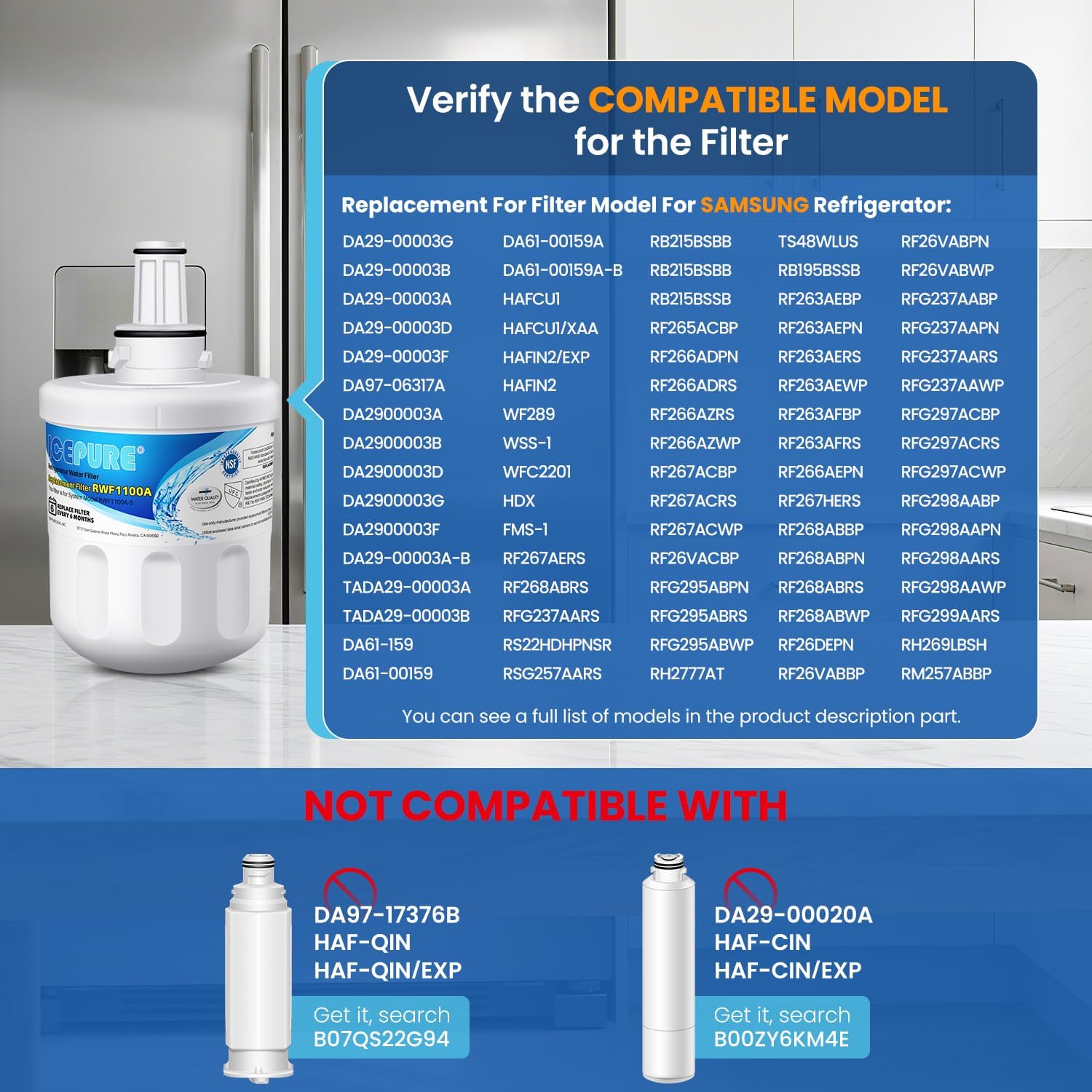 ICEPURE DA29-00003G Refrigerator Water Filter Replacement for Samsung DA29-00003G, DA29-00003B, RSG257AARS, RFG237AARS, Aqua-Pure Plus, HAFCU1, RFG297AARS, RS22HDHPNSR, WSS-1, RWF1100A, 4PACK