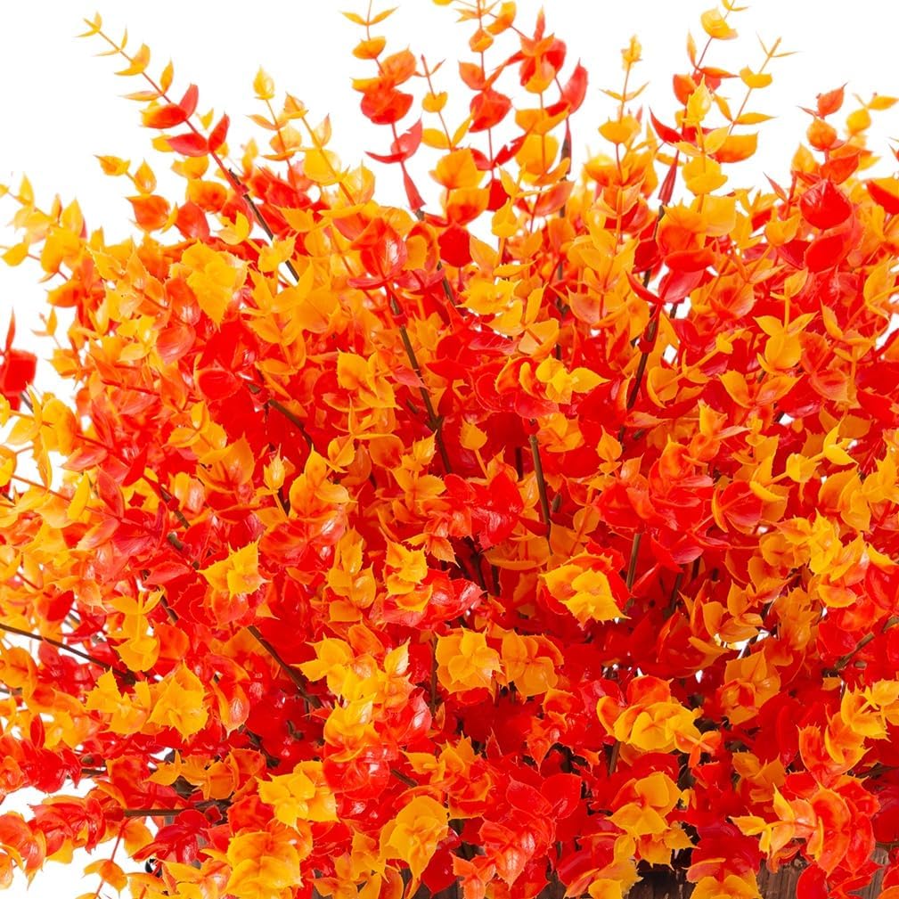 HyeFlora Artificial Fall Flowers Faux Mums for Outdoor Indoor Garden Home Decoration, Faux Flower Daisy with Eucalyptus Leaves Fake Plants Greenery Boxwood Porch Patio, 12 Bundles (Orange Eucalyptus)