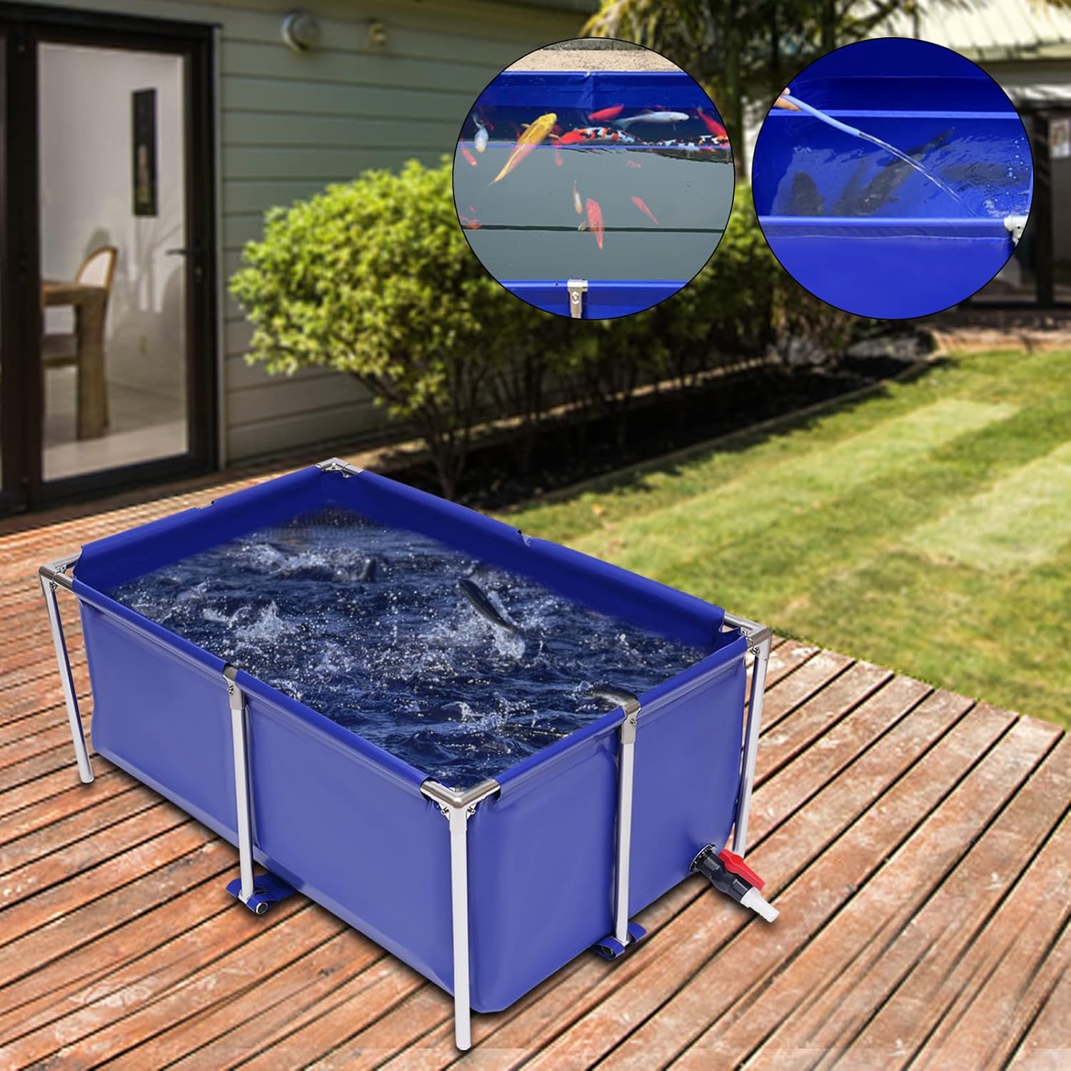 Canvas Fish Pond, Foldable Water Storage Pond Modern Blue Aquarium Fish Water Tank with T-Shaped Steel Frame, Rectangle Canvas Show Tank for The Cultivation of Lobster