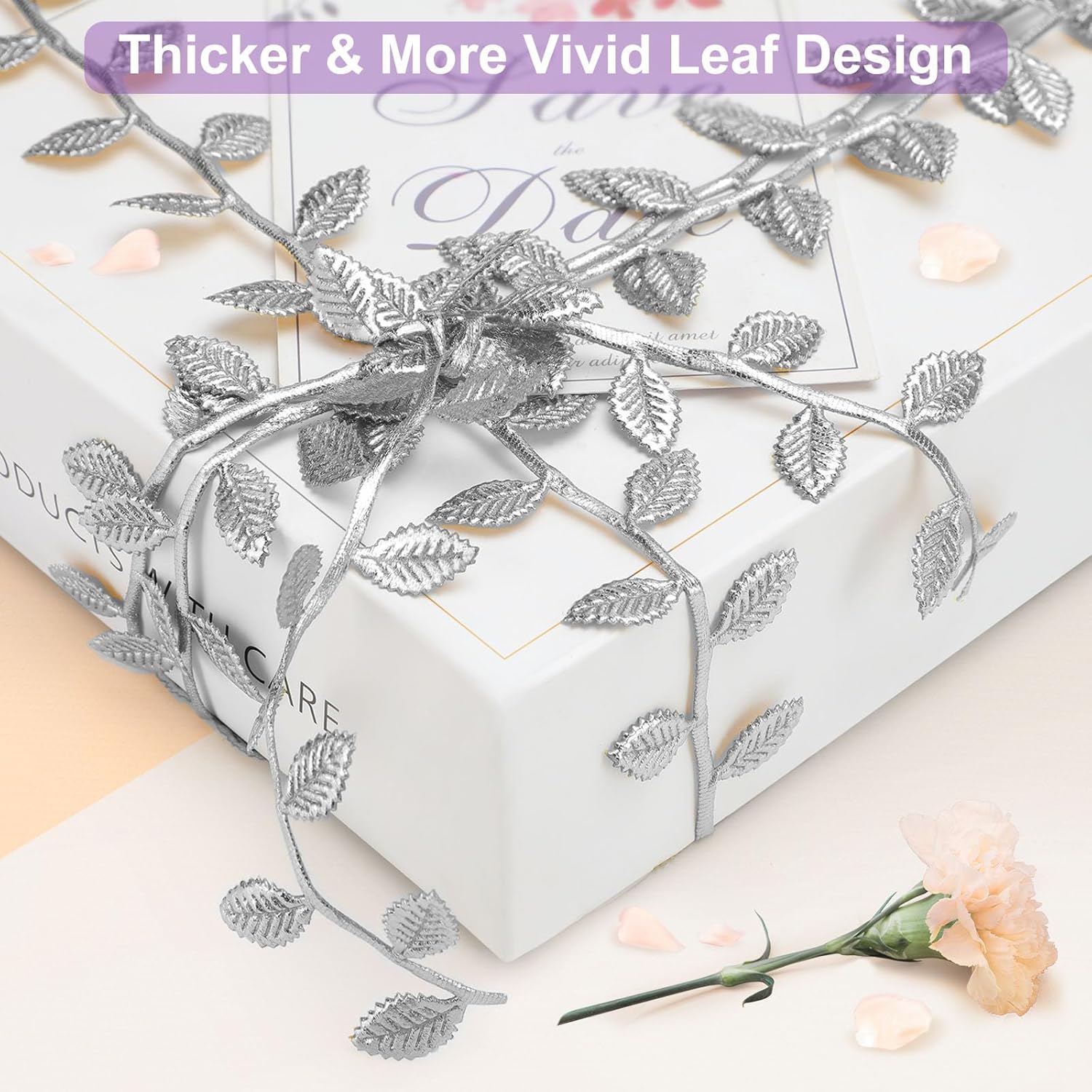 Naidiler Leaf Ribbon, Artificial Vines Leaves String Trim Ribbon Wild Jungle Botanical Greenery for Baby Shower Party Wedding Home Wreaths & DIY Craft (Silver 120Ft)