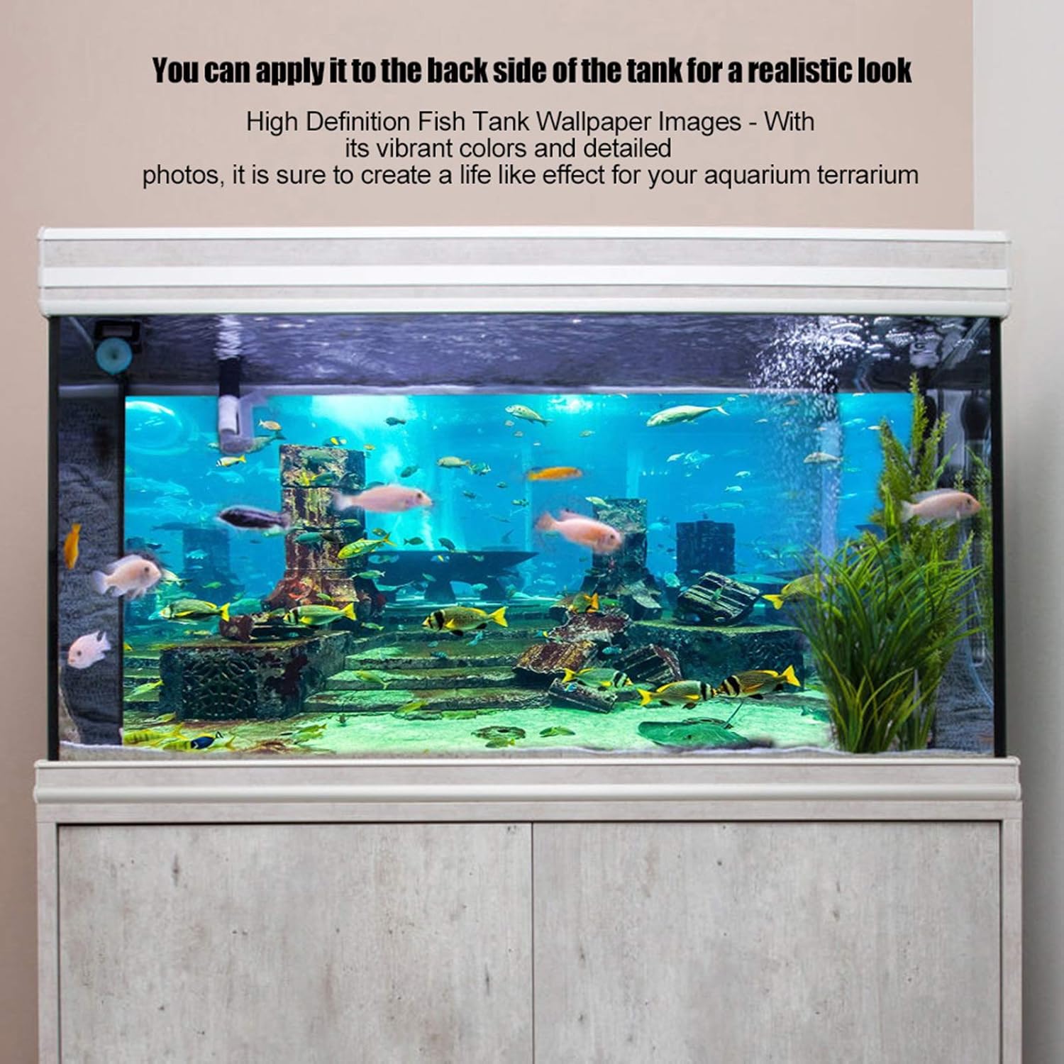 Aquarium Poster, Underwater City Ruins Background Sticker Thicken PVC Adhesive Backdrop Fish Decorative Paper(91×50cm)