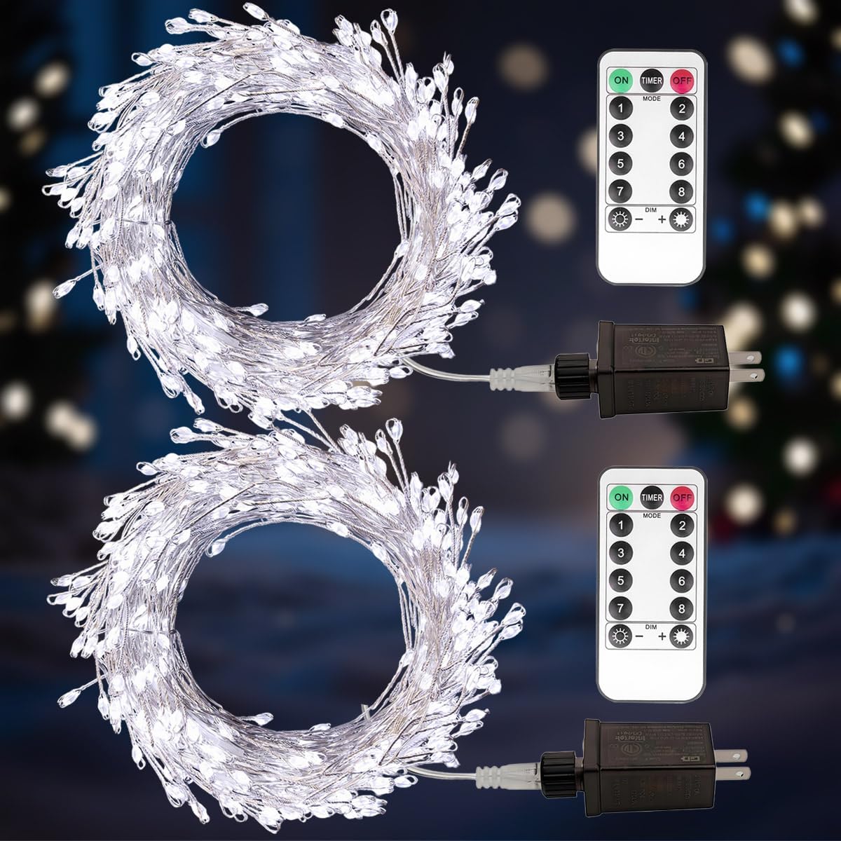 Firecracker Fairy Lights Plug in,2 Pack 20ft 200LEDs Silver Wire Cluster String Lights,8 Modes Remote Twinkle Light for Outdoor Indoor Garden Bedroom Christmas Tree Holiday,Cool White