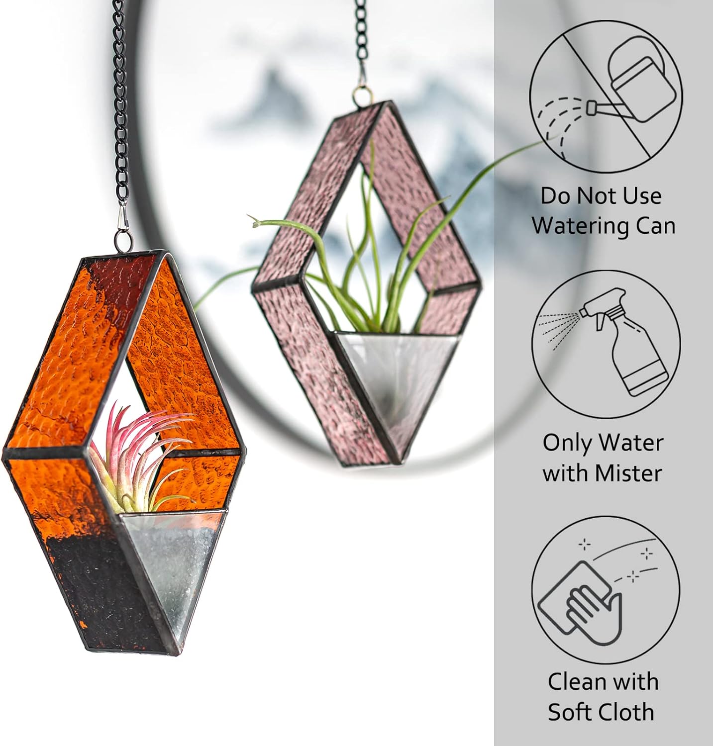 Stained Glass Hanging Plant Terrariums, 2 Packs Geometric Window Planters with Chain for Windowsill Decor Small Succulent Tillandsia Glass Terrarium Minimalist Air Plant Holders