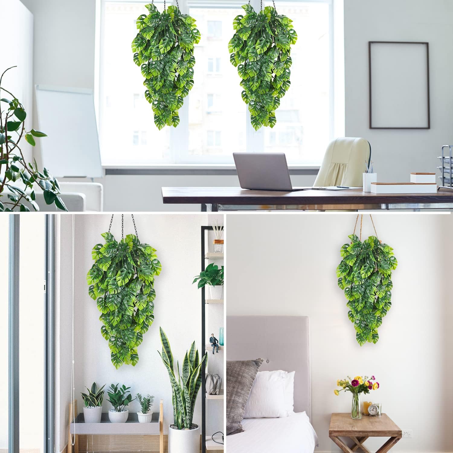 RECUTMS Artificial Hanging Plants 2 Pack, Fake Monstera Leaves Ivy Vine Faux Greenery UV Resistant Outdoor Tropical Palm Leaf Plant for Garden Home Jungle Hawaiian Luau Party Spring Summer Décor