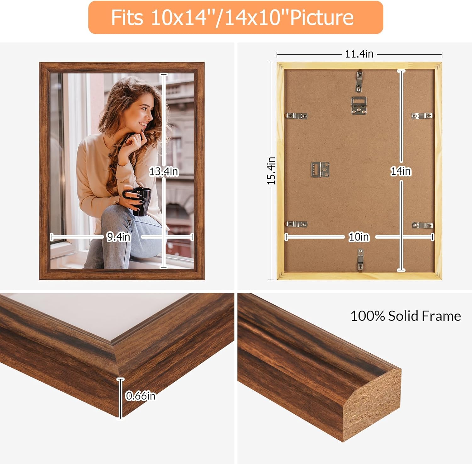 10x14 Wood Frame Brown, Rustic Natural Wooden 14x10in Poster Picture Frame, Distressed 10 x 14inch Woodgrain Gallery Photo Frame with HD Plexiglass, Horizontal Vertical Wall Mounting Display 1pcs