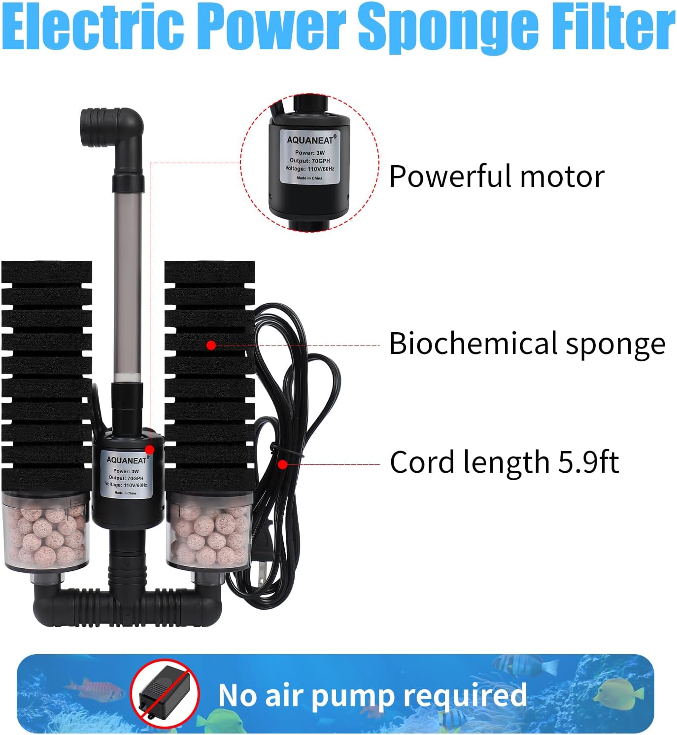 AQUANEAT Aquarium Electric Sponge Filter for Fish Tank, with Pump, with 2 Extra Sponges, Large up to 55Gal
