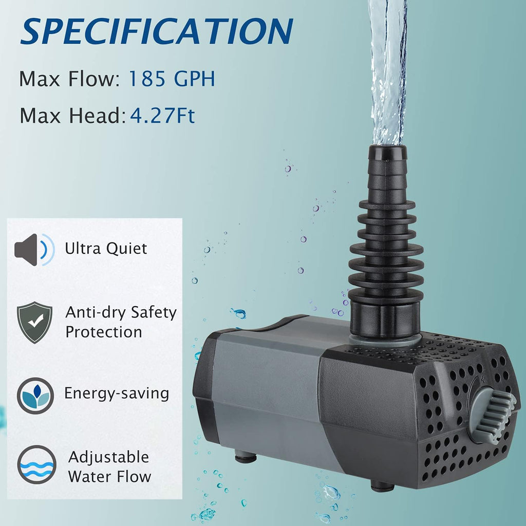 WaterRebirth HSUP700F Versatile Submersible Pump - Fountain Jets for Ponds, Fish Tanks, Water Gardens - Aquarium & Pond Pump (700L/H)