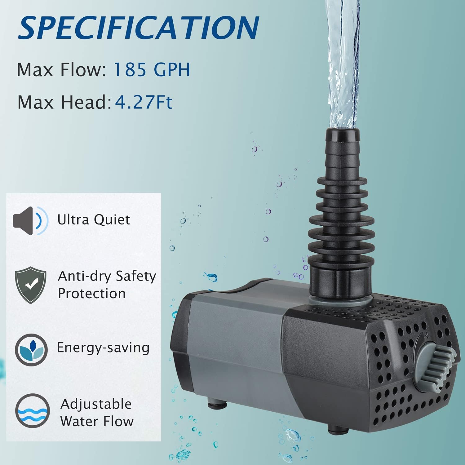 WaterRebirth HSUP700F Versatile Submersible Pump - Fountain Jets for Ponds, Fish Tanks, Water Gardens - Aquarium & Pond Pump (700L/H)