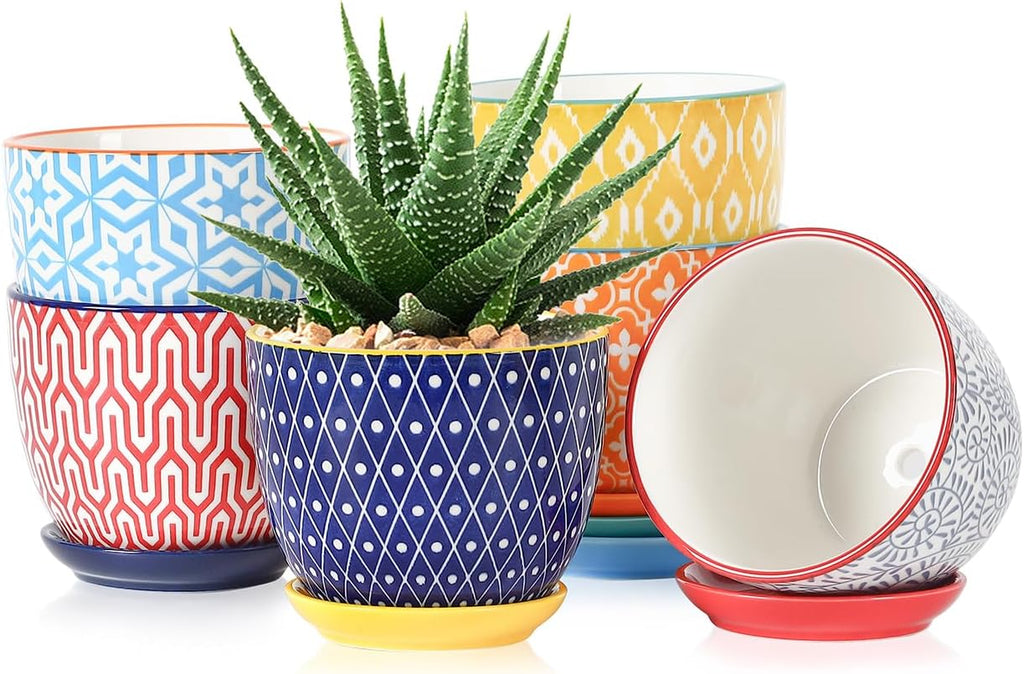 Selamica Ceramic Succulent Pots, 4.6 Inch Small Plant Pots with Drainage Holes & Saucers, Succulent Planters for Indoor Plants Cactus, Home Decor, Set of 6, Assorted Colors
