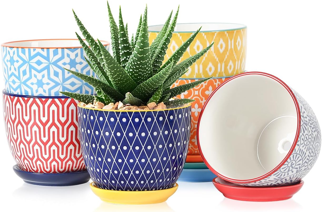 Selamica Ceramic Succulent Pots, 4.6 Inch Small Plant Pots with Drainage Holes & Saucers, Succulent Planters for Indoor Plants Cactus, Home Decor, Set of 6, Assorted Colors