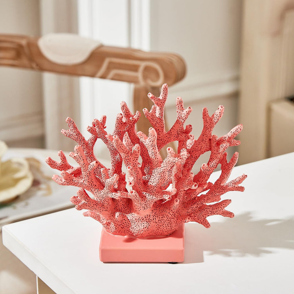 Pink Coral Décor, Nautical Red Coral Reef Decorations for Home, Marine Style Decoration, Ocean Themed Cabinet Shelf Tabletop Decor (Pink)