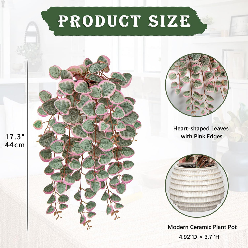 Briful Artificial Plants Indoor 17.7'' Faux String of Hearts Plants with Ceramic Pot Small Fake Pink Plants for Home Office Hotel Bathroom Table Shelf Decor