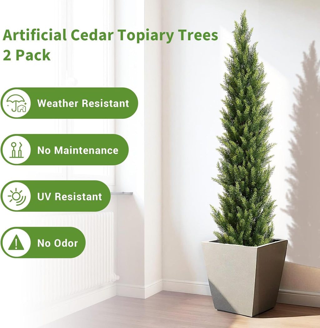 6FT Artificial Cedar Christmas Topiary Trees Set of 2 - Realistic Faux Pine Shrubs UV Resistant for Outdoor Planter Decor, 6 Feet Potted Fake Cypress Plants for Porch Front Door Patio UV Rated