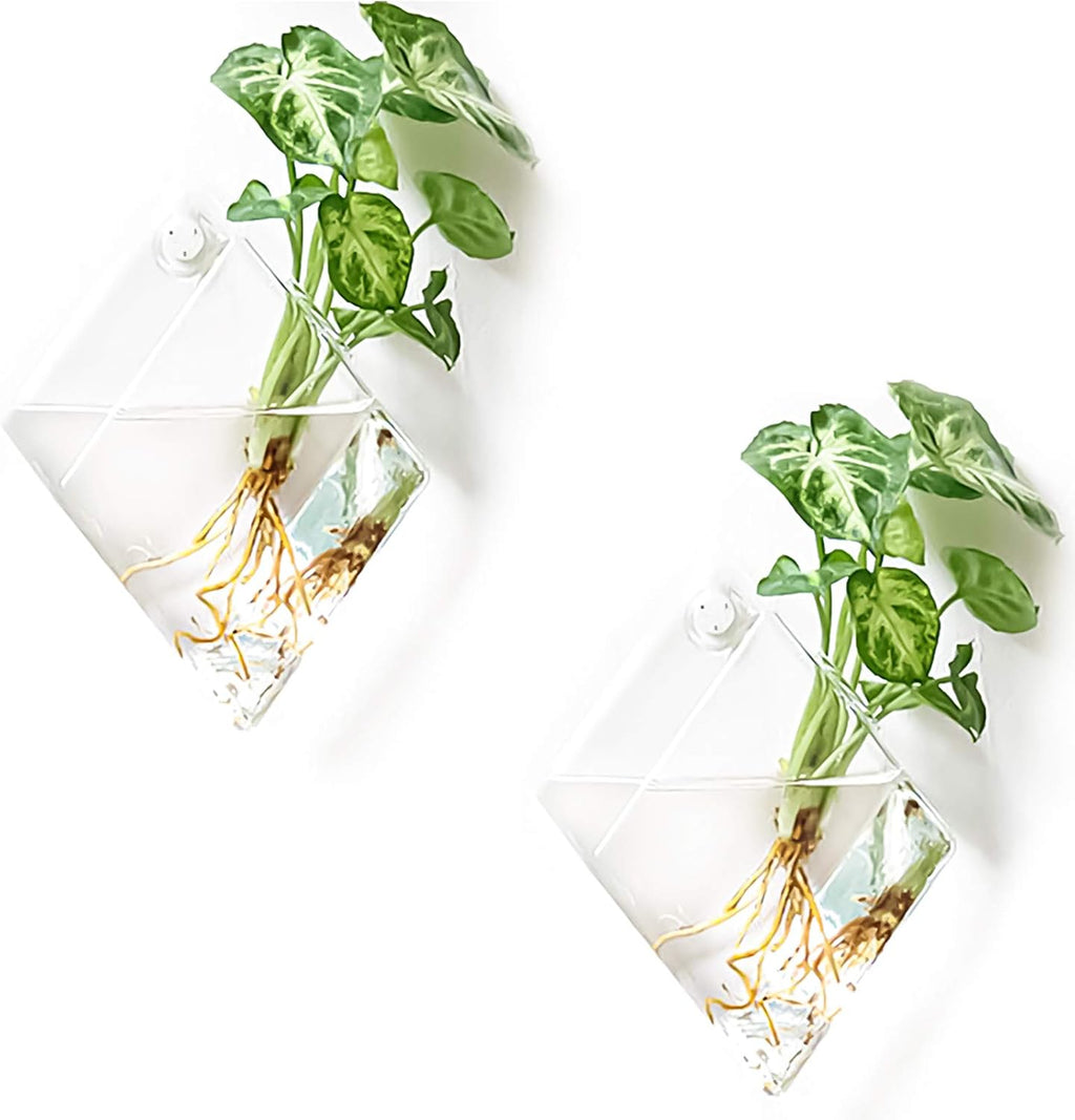 Kingbuy Wall Planter for Indoor Plant Pathos Hydroponic Succulent Hanging Terrarium Glass Vase Air Plant Holder Diamond Home Office Garden Decor, 2 Set