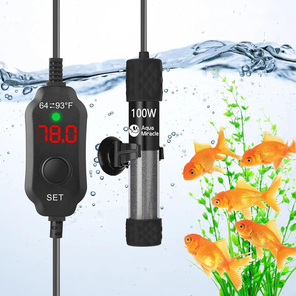 AquaMiralce 100W Aquarium Heater with Compact Size, Submersible Fish Tank Heater with LED Digital Display Thermostat, Adjustable Fish Heater Turtle Heater for 10-20 Gallon Tanks