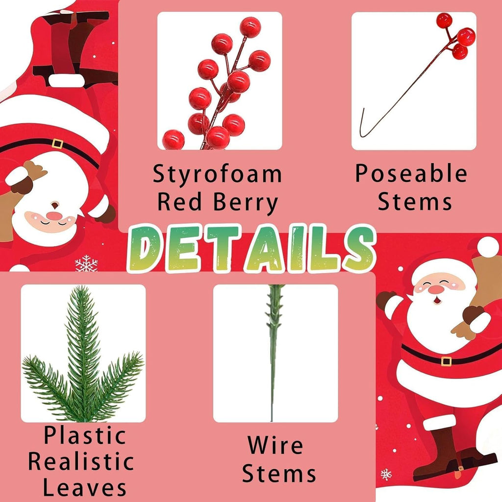 40 Pcs Artificial Green Pine Branches Holly Red Berry Stems Fake Norfolk Needles Picks Christmas Tree Decoration Xmas Wreath Decor Accessories