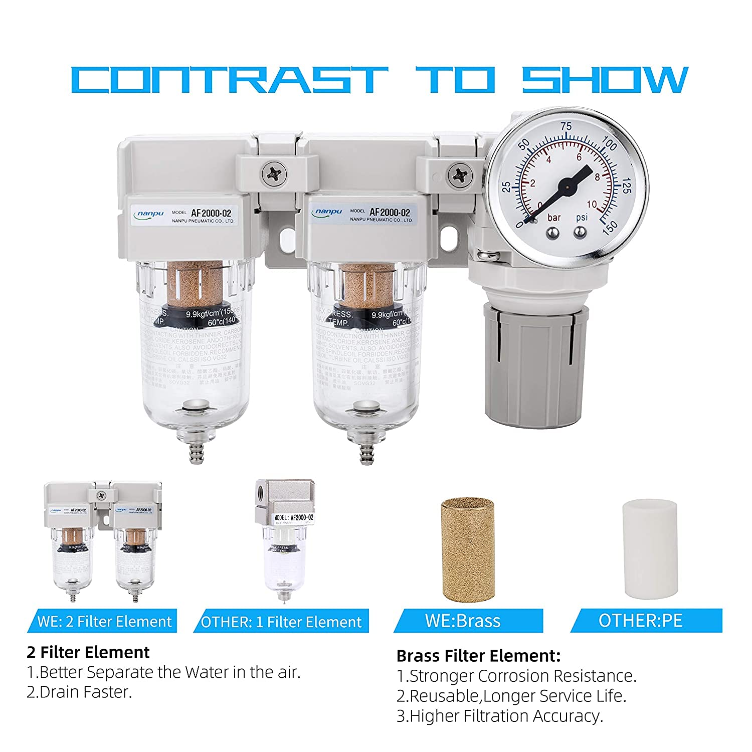 NANPU 1/4" NPT Air Drying System - Double Air Filters, Air Pressure Regulator Combo - Semi-Auto Drain, Poly Bowl