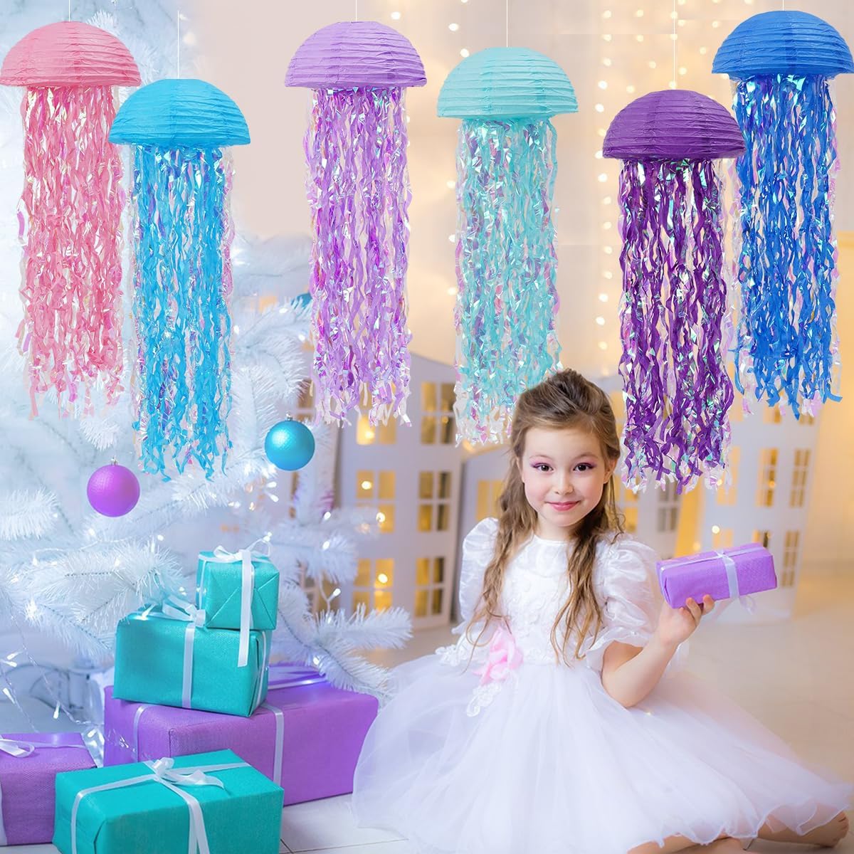Mermaid Birthday Decorations, Jellyfish Paper Lanterns for Mermaid Party Baby Shower Under The Sea Ocean Birthday Party Decorations Pack of 6 Colorful