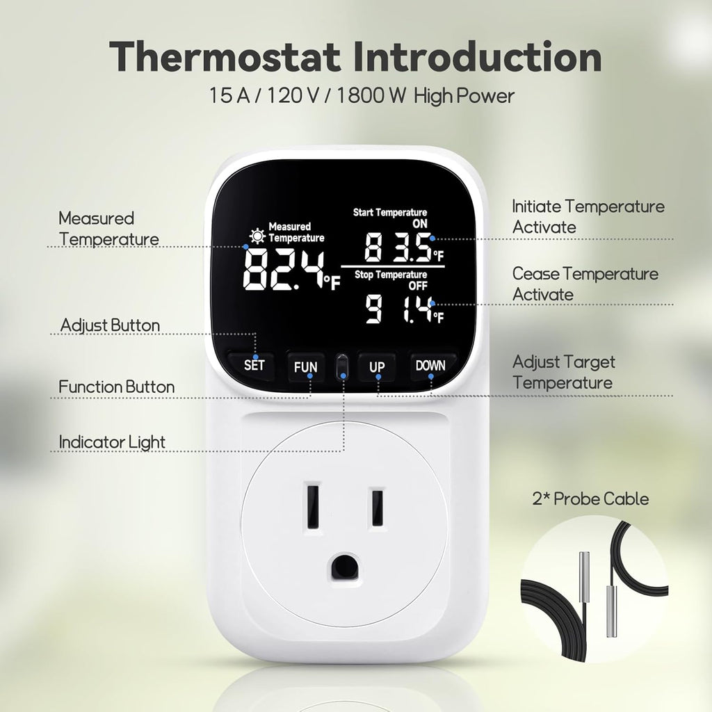 Digital Thermostat Outlet, Plug in Thermostat for Heater, Reptile & Greenhouse - 15A/1800W Temperature Controlled Plug with VA Display, Cyclic Timing/Countdown (-40°F~210°F), White