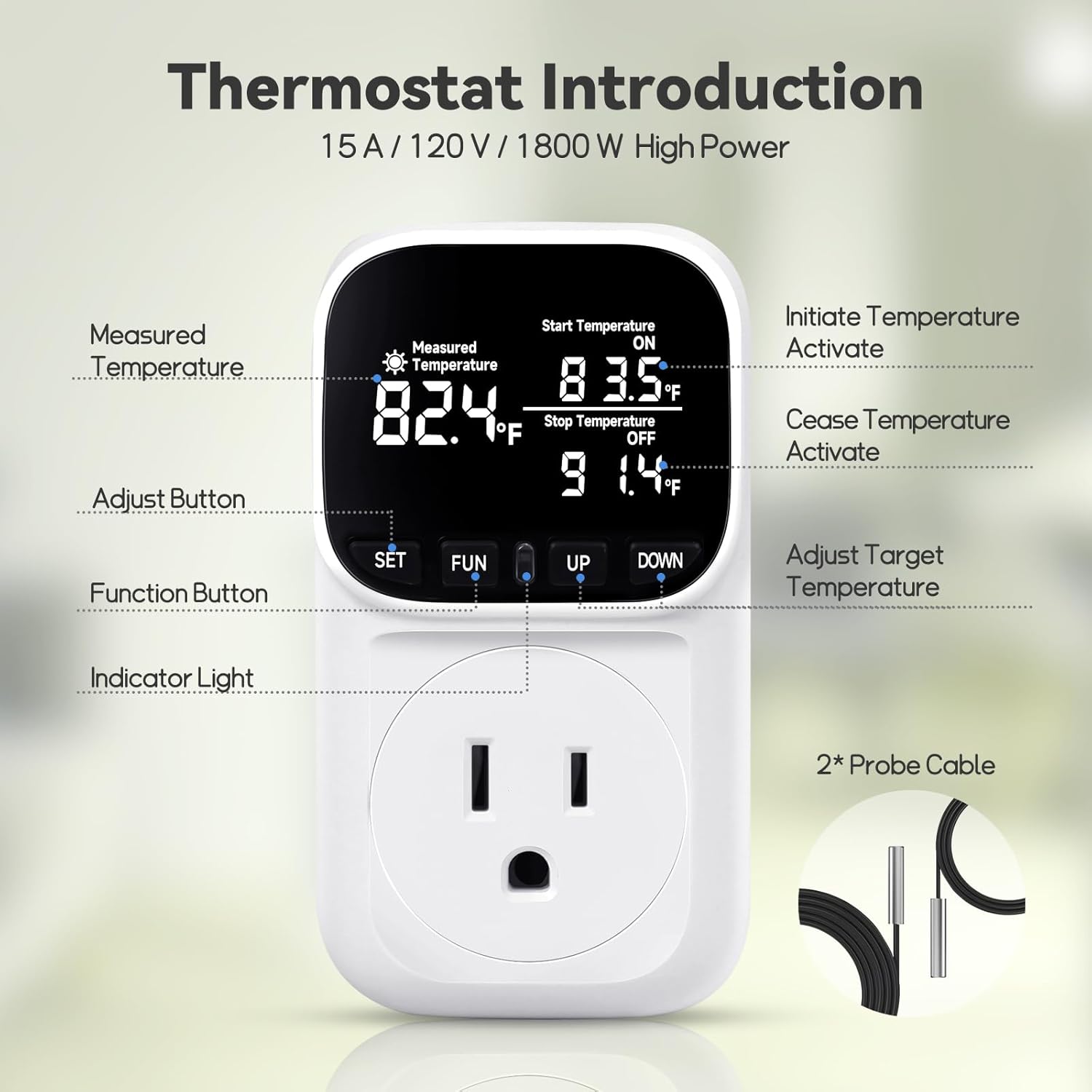 Digital Thermostat Outlet, Plug in Thermostat for Heater, Reptile & Greenhouse - 15A/1800W Temperature Controlled Plug with VA Display, Cyclic Timing/Countdown (-40°F~210°F), White