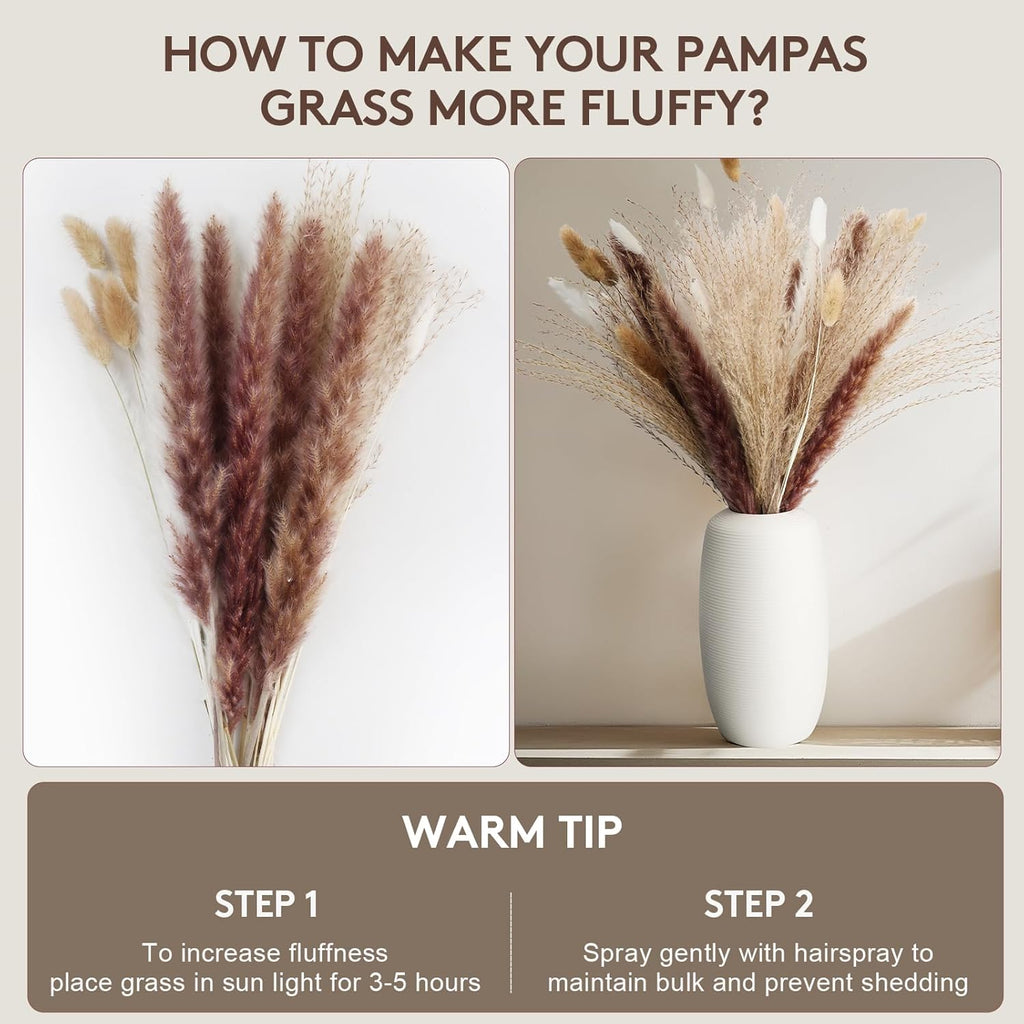120PCS Dried Pampas Grass Decor – Bunny Tail Grass, White & Brown Reed Plumes, Tall Fluffy Boho Vase Filler for Rustic Wedding, Japandi Home, Shelf & Centerpiece Styling Festival Decor