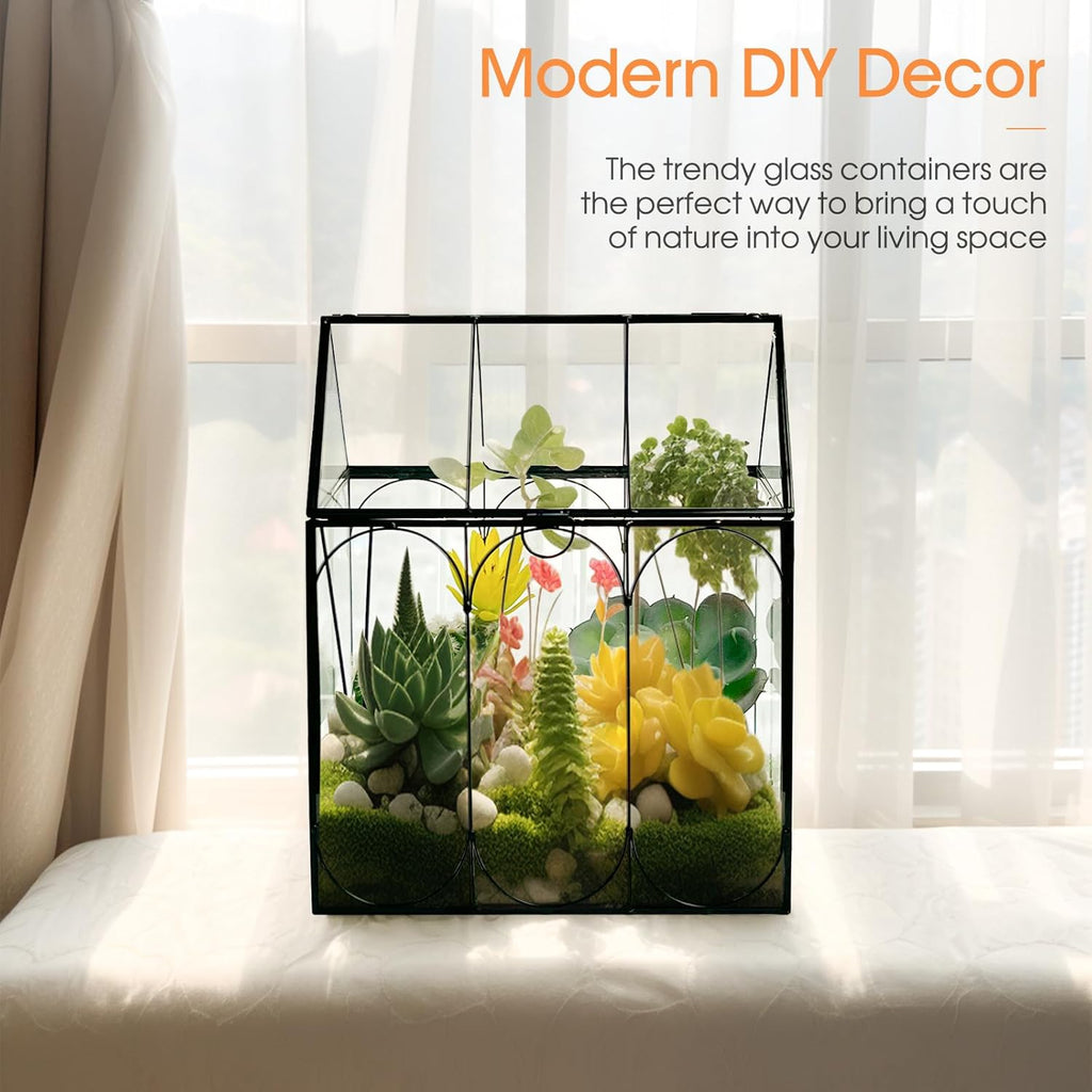 Plant Terrarium Kit, Rifny Large Glass Terrarium Jar with Absorbent Mat for Venus Fly Trap Succulent Live Air Plants Indoor Home Office Decor (Black, 8.9 x 5.9 x 9.9 inch, Without Plant Light)