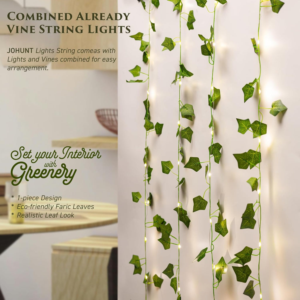 Indoor String Lights, 33ft Artificial Vine with 100 LED Fairy Lights, Battery Operated, Remote Control, 8 Lighting Modes, Green Leaf Decor