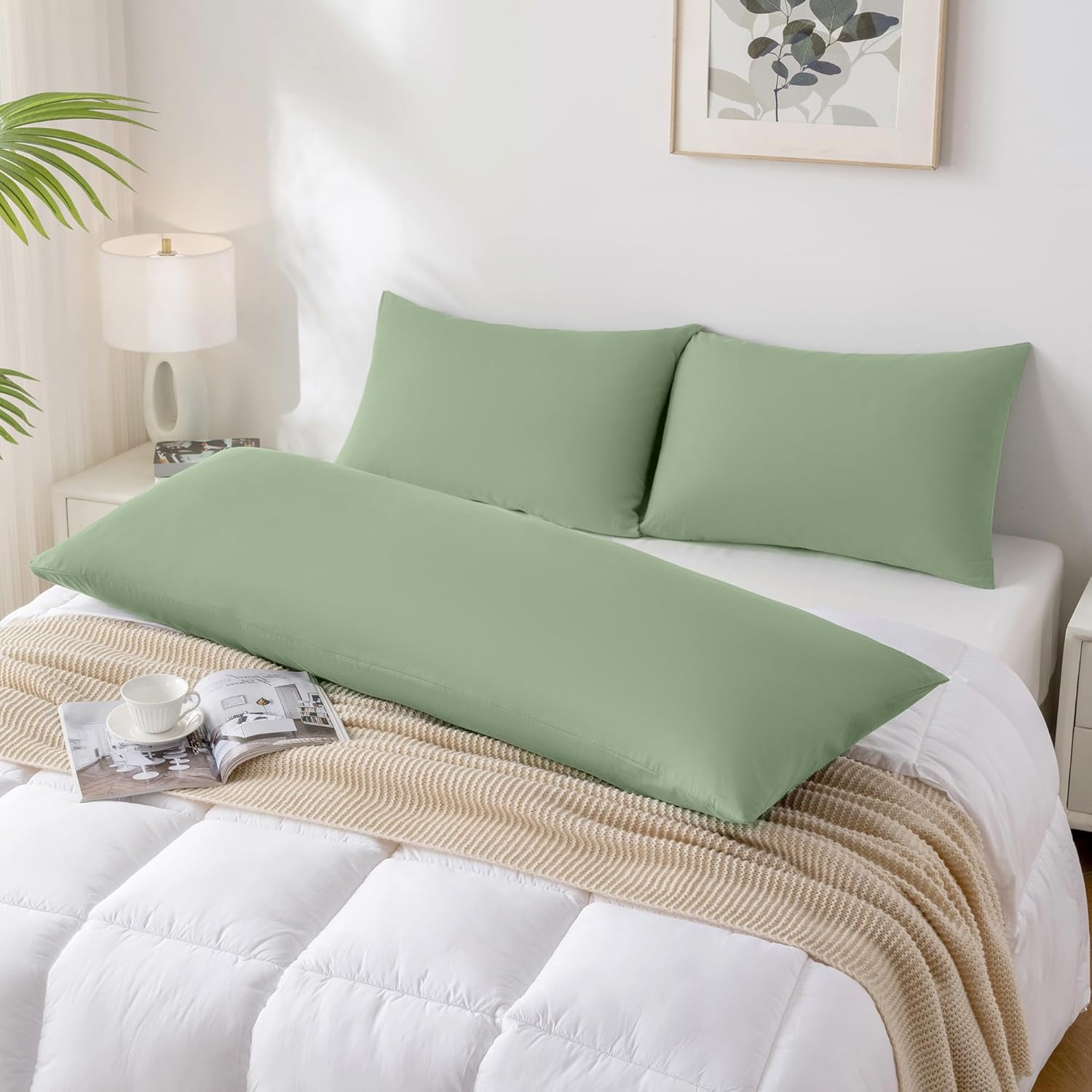 JELLYMONI Pillowcases King Set of 2 Cotton Envelope Pillow Covers Light Green 20×36in Bed Pillow Case 100% Washed Cotton Soft Breathable (Pillows are not Included)